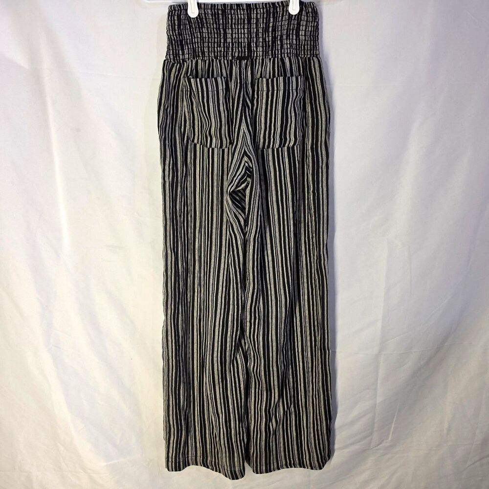 Billabong Striped Wide Leg Beach Pants Smocked High Waist Boho Black Cream Med M